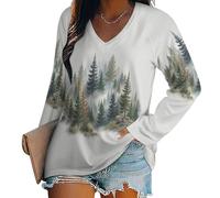 KETAFOUND Women's Long Sleeve Tops Ladies V Neck Shirts Ancient Forest Patterns Loose Fit Base Layer Underwear Watercolor Forest Print Stretchy Undershirt Soft Pullover Tunic Top UK Light Gray