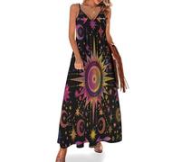 KETAFOUND Women's Summer V Neck Maxi Dress Mysterious Astrology Spaghetti Strap Sleeveless Dresses Celestial Bodies: Sun and Moon Loose Beach Flowy Sundress for Home Vacation