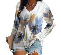 KETAFOUND Womens Tops Elegant Anemone Pattern Long Sleeve Jumpers Watercolor Floral Print T Shirts V-Neck Funny Gift Shirts Cowgirl Blouse Loose Fit Workout Tshirts for Ladies White