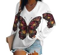 KETAFOUND Womens Tops Watercolor Butterfly Print Long Sleeve Jumpers Simple and Elegant T Shirts V-Neck Funny Gift Shirts Cowgirl Blouse Loose Fit Workout Tshirts for Ladies White