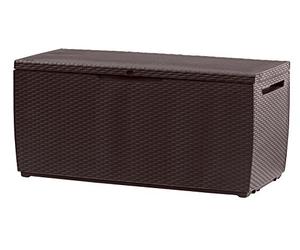 Keter, Capri Outdoor Plastic Storage Box, decorative rattan-style design for ventilation and dryness, seats two adults with lockable option, 123 x 53.5 x 57 cm, 305L, Brown