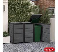 Keter Cortina Hide Away Bin Store - 3 Section Wheelie Bin Storage For 240L Bins, Evotech Wood Effect, Weather Resistant, Grey