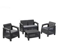 Keter Gf 06784 Corfu Outdoor 4 Seater Rattan Sofa Furniture Set With Accent Table - Graphite Cream / Mushroom Cushions
