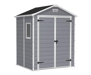 Keter, Manor Apex 6 x 5 ft Outdoor Garden Storage Shed, elegant wood-effect double door design for easy access, durable fade-free resin with window and floor panel for secure storage, Grey