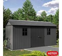 Keter Newton Plus 15Ft 6" X 7Ft 6" Outdoor Storage Shed Side Entry, Evotech Wood Panels, Double Doors, Heavy-Duty Floor, Windows