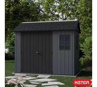 Keter Newton Plus 9Ft 5" X 7Ft 6" Side Entry Garden Shed Wood Look Evotech Panels, Steel Reinforced, Skylight, Floor Included