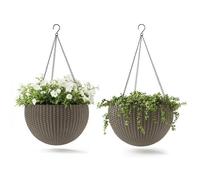 Keter Resin Rattan Set of 2 Round Hanging Planter Baskets for Indoor and Outdoor Plants-Perfect for Porches and Patio Decor, Cappuccino