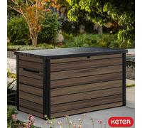 Keter Rosewood 870L Deck Box Lockable Outdoor Storage & Bench, Decocoat Wood Effect, Hydraulic Lid