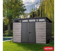 Keter Signature 11X7Ft Storm Grey Garden Storage Shed, Decocoat Composite, Double Doors With Lock, Steel-Reinforced Roof & Walls