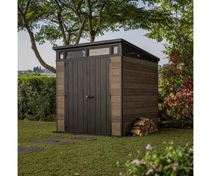 Keter Signature Decocoat 7X7 Ft Pent Walnut Plastic 2 Door Shed With Floor & 6 Windows (Base Included)