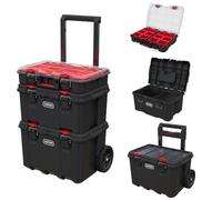 Keter Stack-n-Roll Modular Tools Organizer for Garage Storage and DIY, 3 Piece Resin Rolling Tool Box System for Small Parts, Black