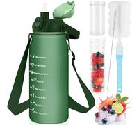 KETIEE Water Bottle 2L, 2 Litre Sports Bottle BPA Free with Adjustable Shoulder Strap & Straw & Fruit Infuser, Leak Proof Motivational Drinking Bottle Gym with Time Marking, Green