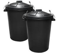 Ketobarrow Large Black Garden Dustbin- 90L Refuse Heavy Duty Plastic Waste Bin With Secure Clip Lid - 2 Pack