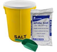 KetoPlastics 25L Yellow Grit Salt Bin 43cm with Lid and 10kg White De-icing Salt for Driveway, Path and Patio with Scoop