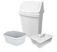 KetoPlastics 3 Piece Kitchen Set - 50L Kitchen Bin with 14L Washing Up Bowl & Large Kitchen Tidy Caddy with Handle For Home Kitchen - Made in UK - White