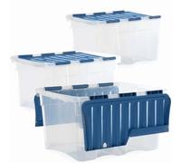 KetoPlastics 3x 54L Croc Storage Box with Attached Interlocking Lid, Clear Plastic Storage Container with Blue Lid, Stackable & Nestable, Strong Storage Box, Made in UK