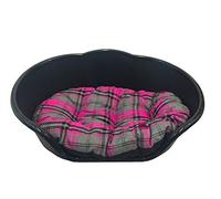 KetoPlastics MEDIUM BLACK PLASTIC DOG BED WITH PINK TARTAN CUSHION/HEAVY DUTY PET BED - DOG/CAT/ANIMAL/SLEEP/BASKET MADE IN UK