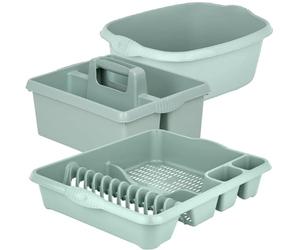 KetoPlastics Sage Green Kitchen Set - 3 Piece - 14L Rectangular Washing Up Bowl, Large Dish Drainer, Sink Organiser Tidy Caddy - Made in UK