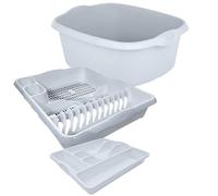 KetoPlastics White 3 Piece Kitchen Set - Washing Up Bowl, Cutlery Tray, Large Dish Drainer For Home Kitchen - Made in UK
