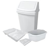 KetoPlastics White 4 Piece Kitchen Set - 50L Kitchen Bin 14L Rectangular Washing Up Bowl Dish Drainer and Cutlery Tray For Home Kitchen - Made in UK