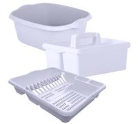KetoPlastics White Kitchen Set - 3 Piece - Large 14L Washing Up Bowl, Sink Organiser Caddy Tidy & Large Dish Drainer - Made in UK