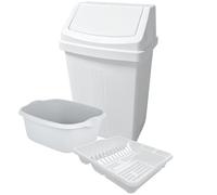 KetoPlastics White Kitchen Set - 50L Kitchen Bin 14L Rectangular Washing Up Bowl & Large Dish Drainer For Home Kitchen - Made in UK