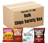 Kettle Chips Variety Box 72 x 40g Bulk Buy Hand Cooked Crisps Multipack | Lightly Salted, Asian Chilli Beef, Krinkle Ribeye Steak & Peppercorn, Mature Cheddar & Red Onion | Lunchbox, Picnics & Parties