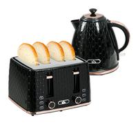Kettle & Toaster Set Black 1.7L 4-Slice Metal Honeycomb 24x19x23cm Compact Easy