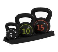 Kettlebell Set 5/10/15lb Black Plastic-Sand Trio with Tray Flat Base Handle Grip