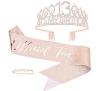 KEUKORZ 13th Birthday Crown and Sash Set - Rose Gold Tiara Birthday Decorations for Women - Rhinestone Tiara and Glitter Sash Accessories for Party Decoration