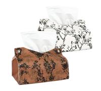 KEUKORZ 2Pcs PU Leather Tissue Box Cover with V-Shaped Opening, White and Brown Tissue Holder with Floral Line Pattern, Foldable Tissue Dispenser for Living Room, Bathroom, Kitchen
