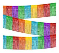 KEUKORZ 3Pcs Rainbow Foil Fringe Tinsel Curtains, 37 x 300cm Colorful Tinsel Streamer Backdrop Glitter Curtains for Pride and Birthday Hawaiian Party Decorations