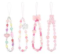 KEUKORZ 4Pcs Pink Beaded Phone Lanyards, Cute Pastel Phone Charms with Heart & Bow Decor, Decorative Mobile Camera Accessories for Women Daily Use and Birthday Gifts