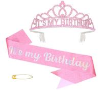 KEUKORZ It’s my Birthday Crown & Sash Set - Pink Birthday Tiara for Women Party Decoration - Rhinestone Headband Accessories for Princess Queen
