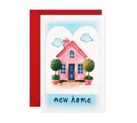 KEUKORZ New Home Card with Red Envelope, Watercolor Pink House Illustration Housewarming Greeting Card (12×18cm, Blue)