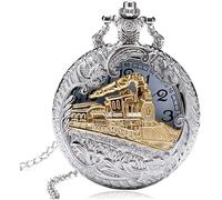 KeuLen Vintage Pocket Watch,Pocket Watch with Chain for Men Women,Vintage Silver Charming Train Carved Hollow Steampunk Quartz Pocket Watch Necklace Pendant Clock Gift