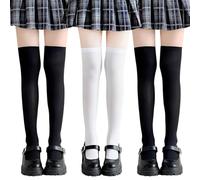 KEUOIA 3 Pairs Over The Knee Socks Womens, Cotton Girls Thigh Highs Knee High Socks for Women School Uniform Cosplay Daily Wear (UK, Alpha, One Size, Regular, Regular, Standard, 2 Black+1 White)