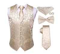 keusyoi Mens Silk Vests Red Waistcoat Tie Bowtie Hanky Cufflinks Set Waist Jacket For Men Wedding Office Tuxedo Vest