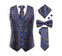 keusyoi Mens Silk Vests Red Waistcoat Tie Bowtie Hanky Cufflinks Set Waist Jacket For Men Wedding Office Tuxedo Vest
