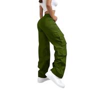 Keuvium Cargo Trousers for Women UK Drawstring Elastic Waist Wide Leg Trousers for Women Lightweight Loose Fit Ladies Lounge Pants with Pockets Solid Color Plus Size Casual Holiday Beach Pants Green