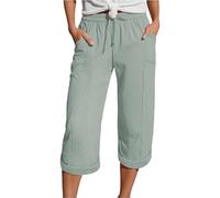 Keuvium Cotton Linen Trousers Womens UK Drawstring Elastic Waist 3/4 Trousers for Women Solid Color Loose Fit Wide Leg Cropped Pants with Pockets Lightweight Plus Size Baggy Summer Boho Pants Silver