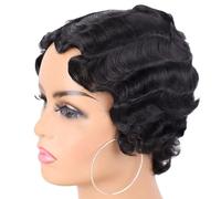 Keuyeo Black 1920s Wigs for Women Finger Wave Natural Synthetic Hair Wig Cosplay Costume 20s Theme Party Wigs Short Wig