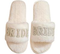 Keuyeo Bride Slippers Women's Fuzzy Cross Slippers Bride Wedding Slippers Gift Open Toe House Slipper Bedroom Shoe Indoor Outdoor