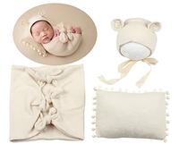 Keuyeo Newborn Photography Wraps for Boy Girl Photoshoot Newborn Photography Props Outfits Baby Knit Wraps Posing Pillow Bear Hat Set Photo Studio Shoot Accessories