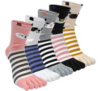 Kevaler Womens Toe Socks Cotton Five Finger Crew Socks Novelty Mid-Calf Socks Cute Animal Fruit Stripe Pattern Sports Socks Running Socks UK 3-8, 5 Pairs