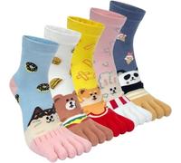 Kevaler Womens Toe Socks Cotton Five Finger Crew Socks Novelty Mid-Calf Socks Cute Animal Fruit Stripe Pattern Sports Socks Running Socks UK 3-8, 5 Pairs