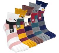 Kevaler Womens Toe Socks Cotton Five Finger Crew Socks Novelty Mid-Calf Socks Cute Animal Fruit Stripe Pattern Sports Socks Running Socks UK 3-8, 5 Pairs