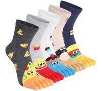 Kevaler Womens Toe Socks Cotton Five Finger Crew Socks Novelty Mid-Calf Socks Cute Animal Fruit Stripe Pattern Sports Socks Running Socks UK 3-8, 5 Pairs