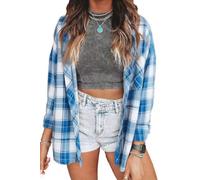 KevaMolly Plaid Flannel Shirts for Women Long Sleeve, Z Z Sky Blue White, M