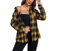 KevaMolly Plaid Flannel Shirts for Women Loose Fit Boyfriend Button Down Shirt Long Sleeve Casual Flannel Blouse Tops, Black Yellow, M